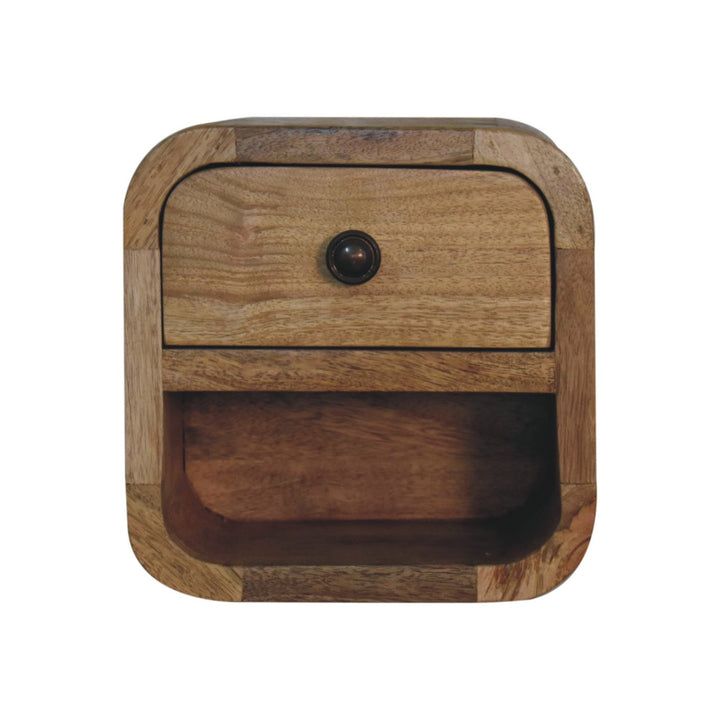 Solid Mango Wood Extra Mini Curved Bedside Table with 1 Drawer & Open Shelf | Oak Veneer Finish | 20 x 17 x 20 cm