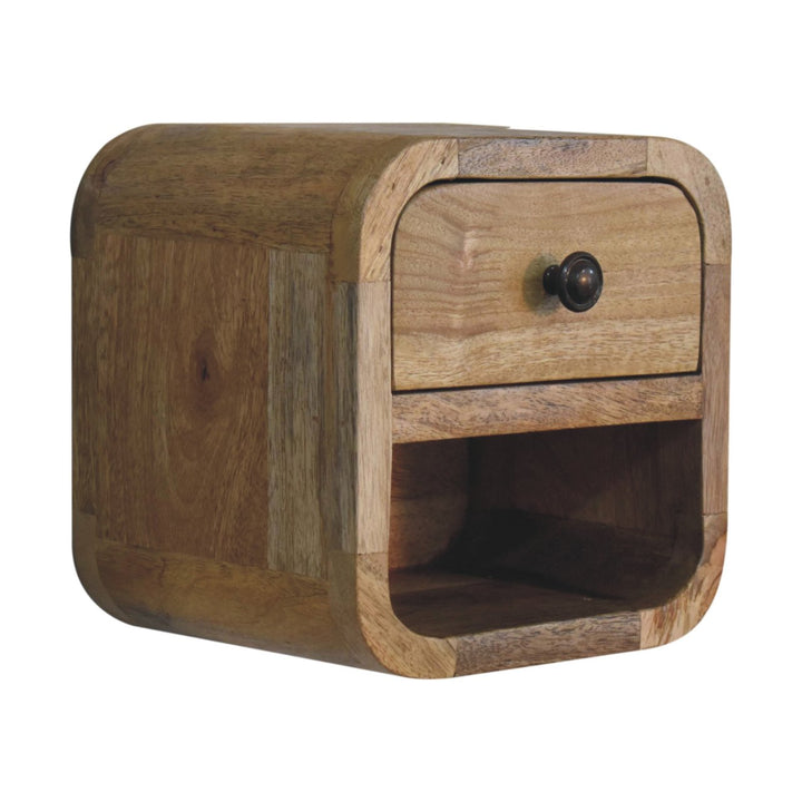 Solid Mango Wood Extra Mini Curved Bedside Table with 1 Drawer & Open Shelf | Oak Veneer Finish | 20 x 17 x 20 cm