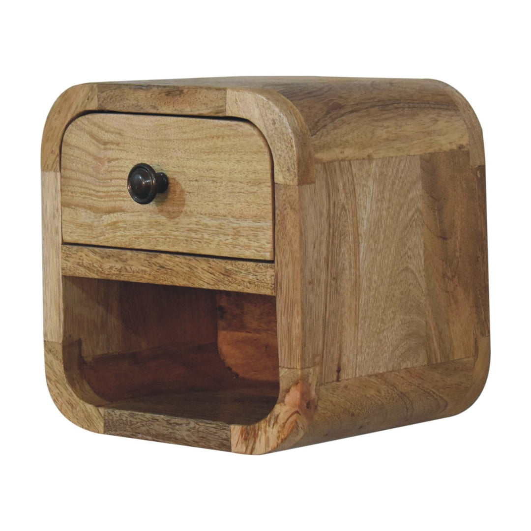 Solid Mango Wood Extra Mini Curved Bedside Table with 1 Drawer & Open Shelf | Oak Veneer Finish | 20 x 17 x 20 cm