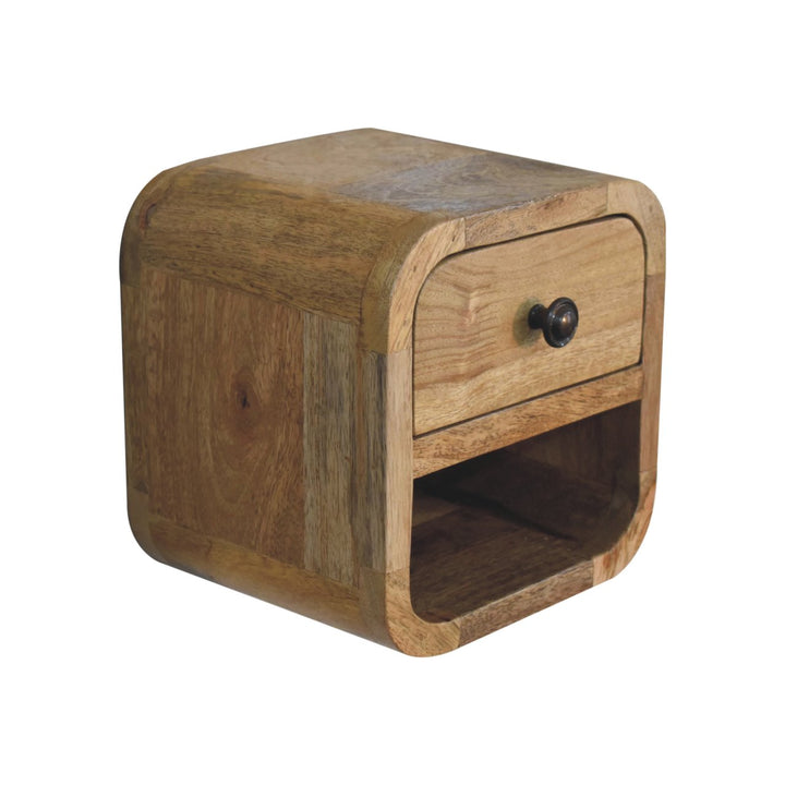Solid Mango Wood Extra Mini Curved Bedside Table with 1 Drawer & Open Shelf | Oak Veneer Finish | 20 x 17 x 20 cm