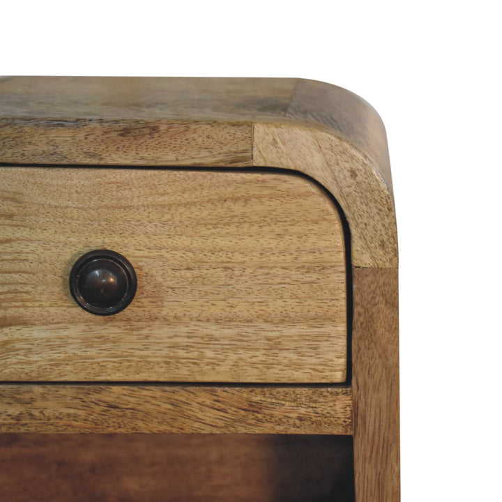 Solid Mango Wood Extra Mini Curved Bedside Table with 1 Drawer & Open Shelf | Oak Veneer Finish | 20 x 17 x 20 cm