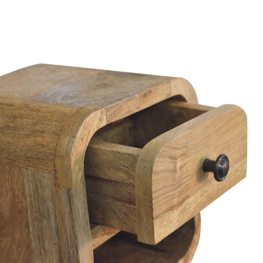 Solid Mango Wood Extra Mini Curved Bedside Table with 1 Drawer & Open Shelf | Oak Veneer Finish | 20 x 17 x 20 cm