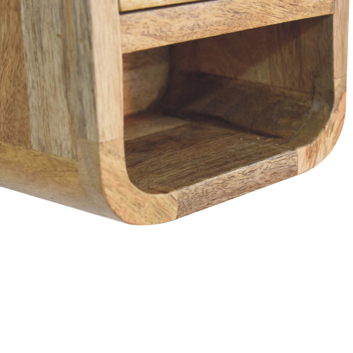 Solid Mango Wood Extra Mini Curved Bedside Table with 1 Drawer & Open Shelf | Oak Veneer Finish | 20 x 17 x 20 cm