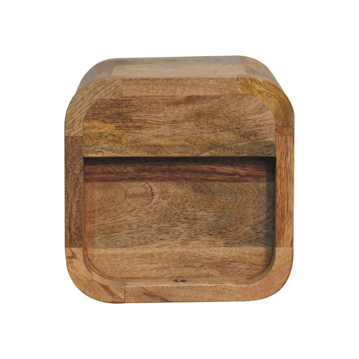 Solid Mango Wood Extra Mini Curved Bedside Table with 1 Drawer & Open Shelf | Oak Veneer Finish | 20 x 17 x 20 cm