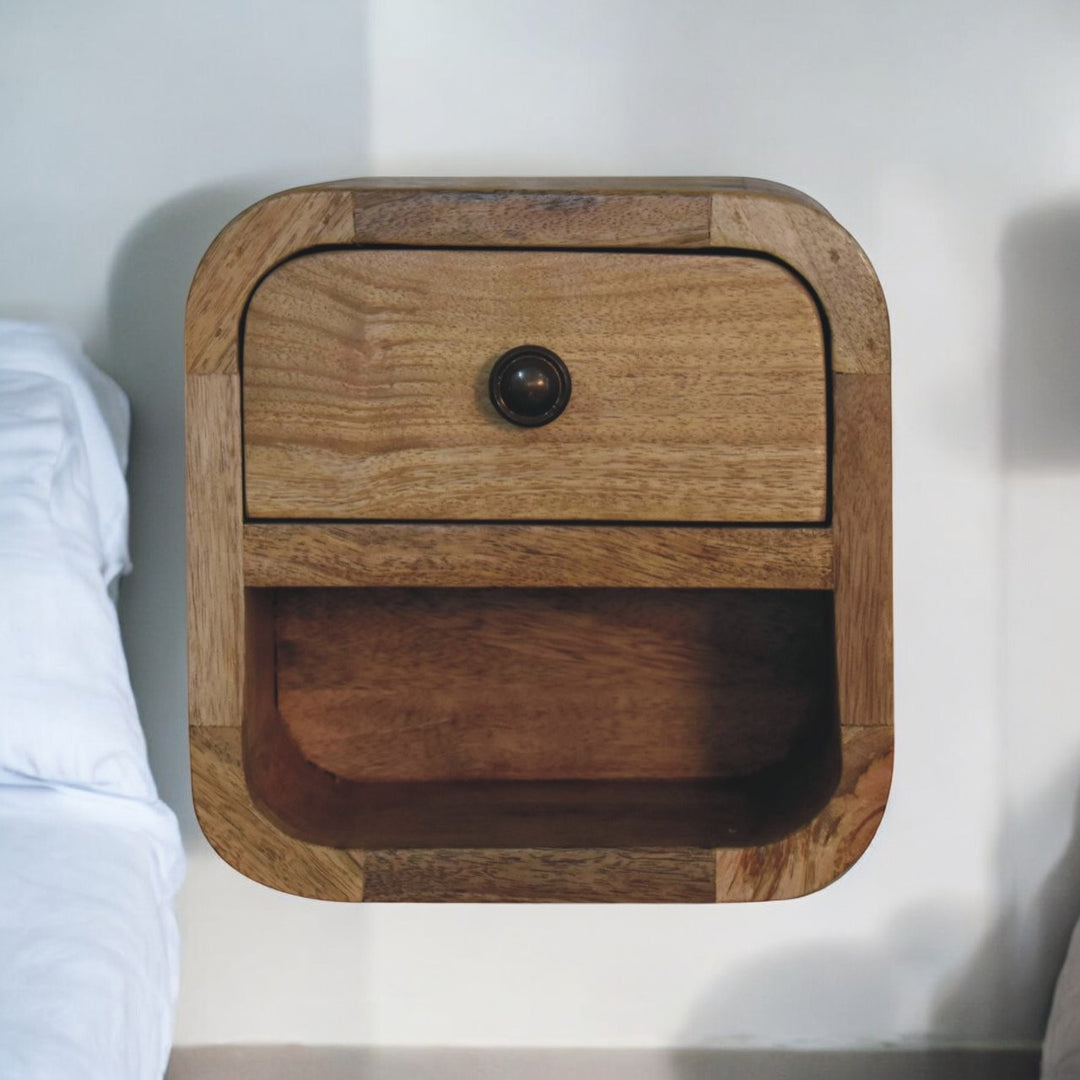 Solid Mango Wood Extra Mini Curved Bedside Table with 1 Drawer & Open Shelf | Oak Veneer Finish | 20 x 17 x 20 cm