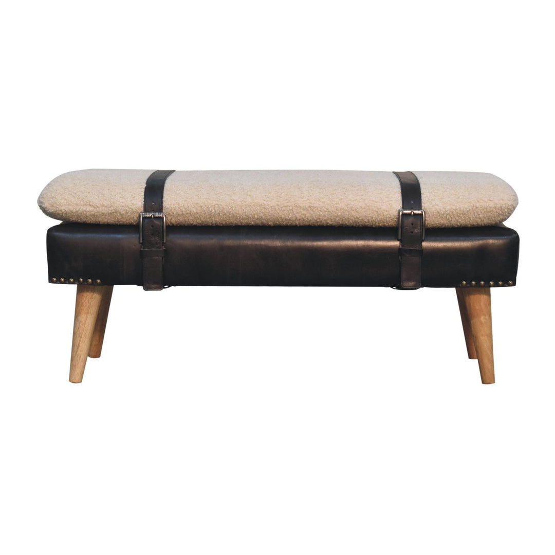 Brown Lacquered Oak-Finish Solid Wood Bench with Bouclé Fabric & Black Buffalo Leather Detailing