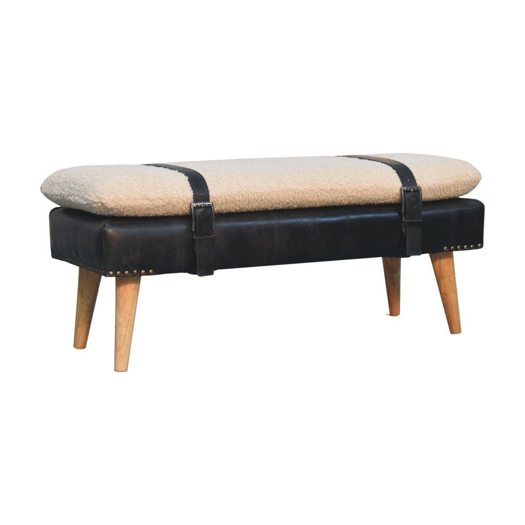 Brown Lacquered Oak-Finish Solid Wood Bench with Bouclé Fabric & Black Buffalo Leather Detailing