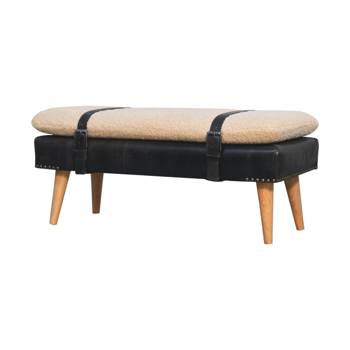 Brown Lacquered Oak-Finish Solid Wood Bench with Bouclé Fabric & Black Buffalo Leather Detailing