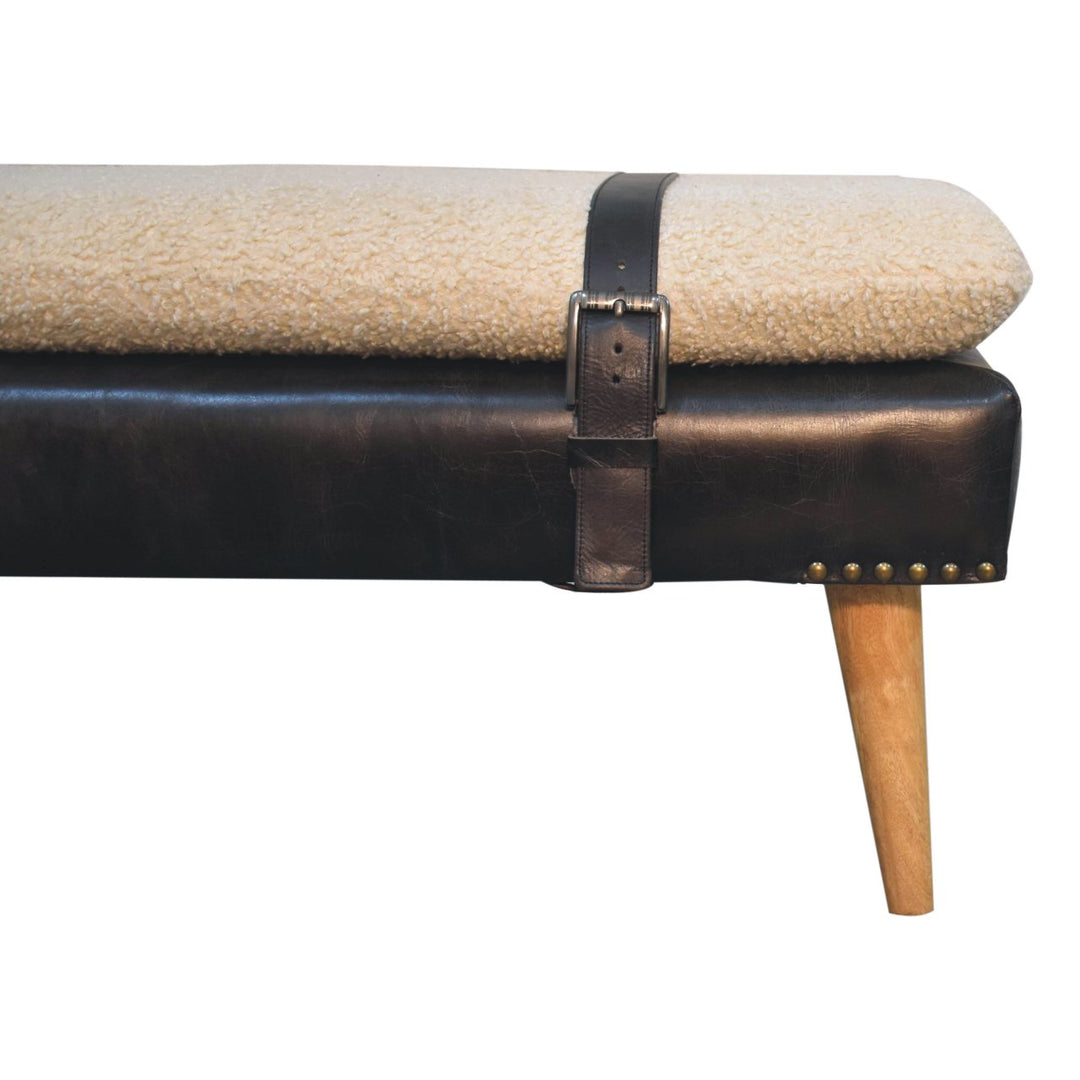 Brown Lacquered Oak-Finish Solid Wood Bench with Bouclé Fabric & Black Buffalo Leather Detailing