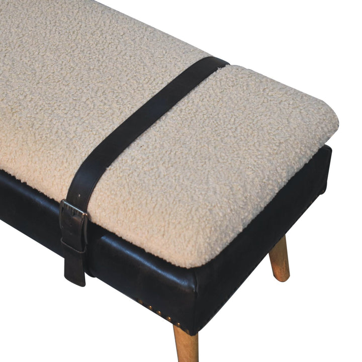 Brown Lacquered Oak-Finish Solid Wood Bench with Bouclé Fabric & Black Buffalo Leather Detailing