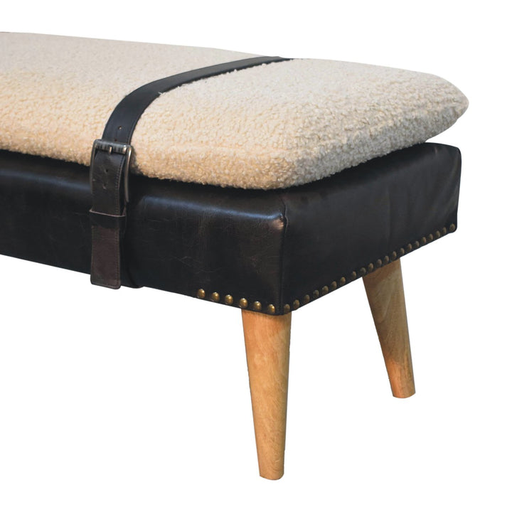 Brown Lacquered Oak-Finish Solid Wood Bench with Bouclé Fabric & Black Buffalo Leather Detailing