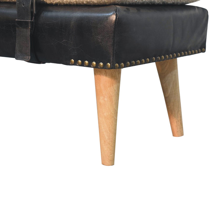 Brown Lacquered Oak-Finish Solid Wood Bench with Bouclé Fabric & Black Buffalo Leather Detailing