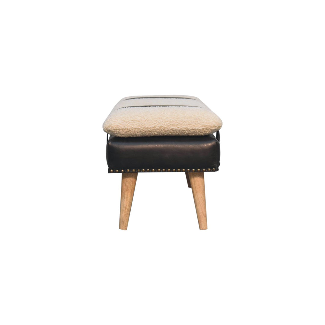 Brown Lacquered Oak-Finish Solid Wood Bench with Bouclé Fabric & Black Buffalo Leather Detailing