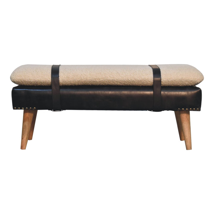 Brown Lacquered Oak-Finish Solid Wood Bench with Bouclé Fabric & Black Buffalo Leather Detailing