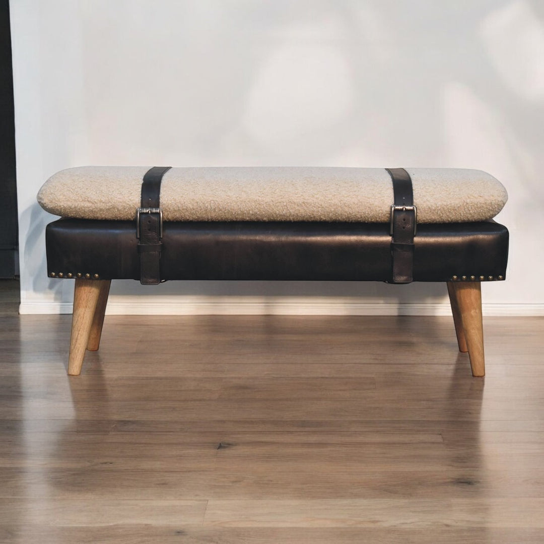 Brown Lacquered Oak-Finish Solid Wood Bench with Bouclé Fabric & Black Buffalo Leather Detailing