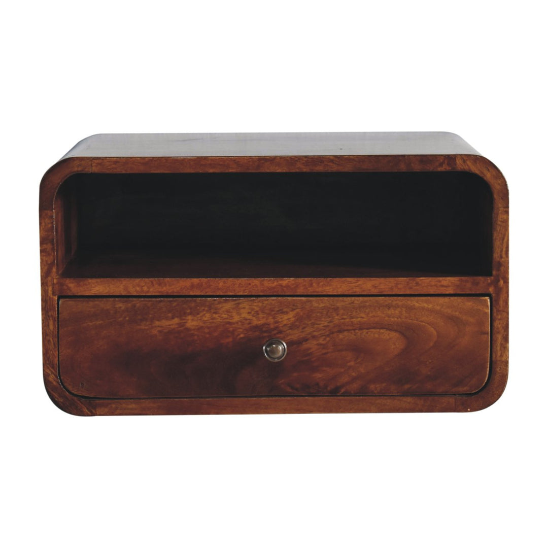 Brown Lacquered Light Oak Solid Mango Wood Large Floating Nightstand with Black Knob Drawer