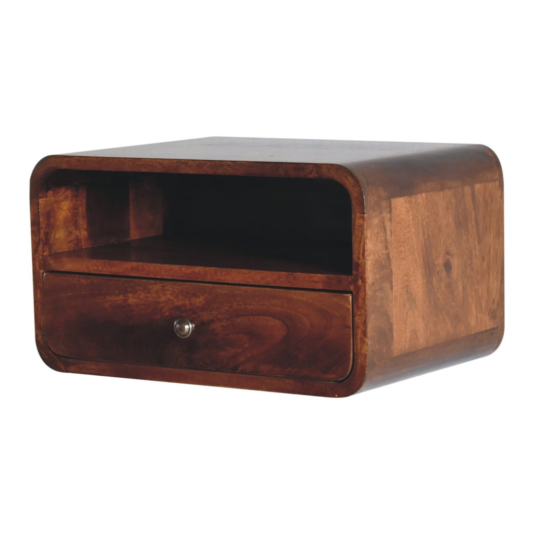 Brown Lacquered Light Oak Solid Mango Wood Large Floating Nightstand with Black Knob Drawer
