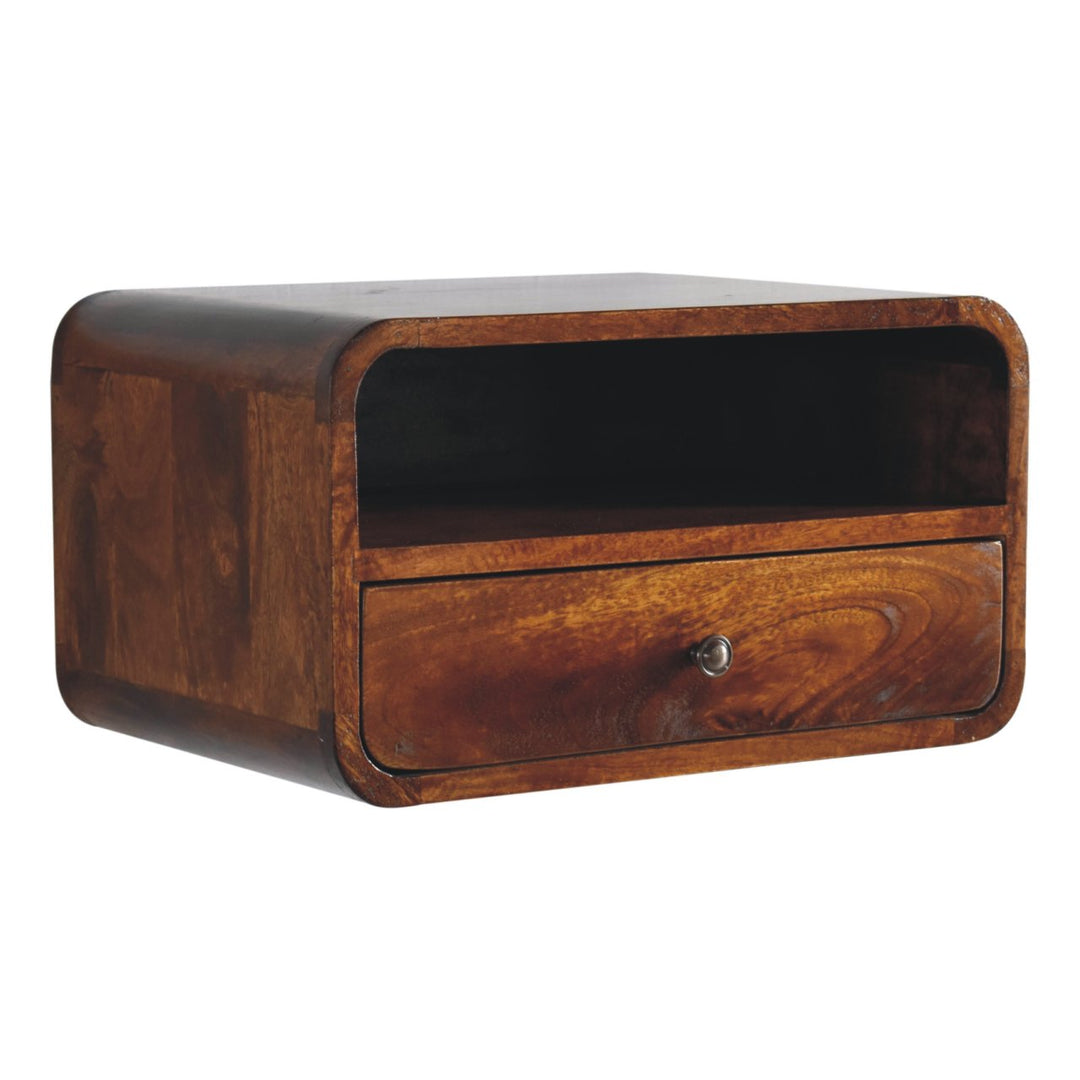 Brown Lacquered Light Oak Solid Mango Wood Large Floating Nightstand with Black Knob Drawer