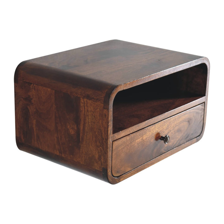 Brown Lacquered Light Oak Solid Mango Wood Large Floating Nightstand with Black Knob Drawer