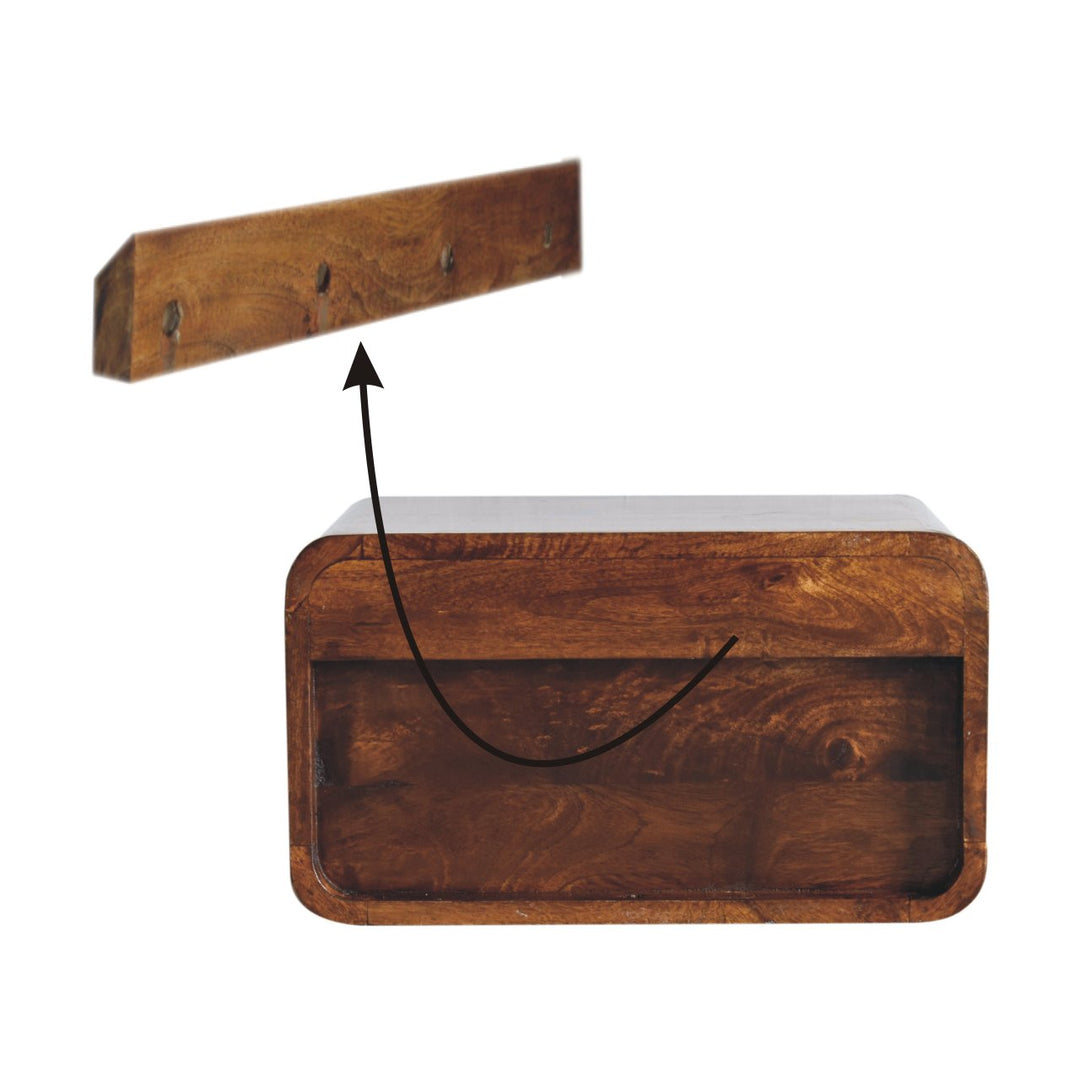 Brown Lacquered Light Oak Solid Mango Wood Large Floating Nightstand with Black Knob Drawer