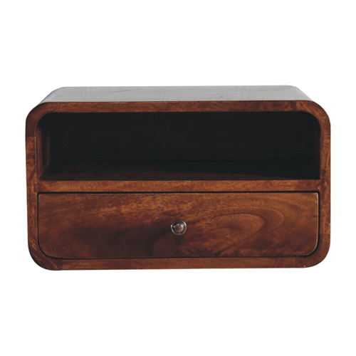 Brown Lacquered Light Oak Solid Mango Wood Large Floating Nightstand with Black Knob Drawer