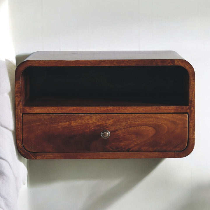 Brown Lacquered Light Oak Solid Mango Wood Large Floating Nightstand with Black Knob Drawer