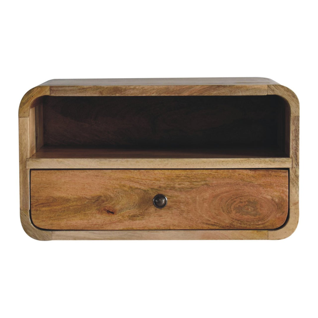 Brown Oak Veneer Solid Mango Wood Large Curved Floating Bedside with 1 Drawer & Open Compartment