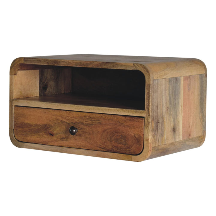 Brown Oak Veneer Solid Mango Wood Large Curved Floating Bedside with 1 Drawer & Open Compartment