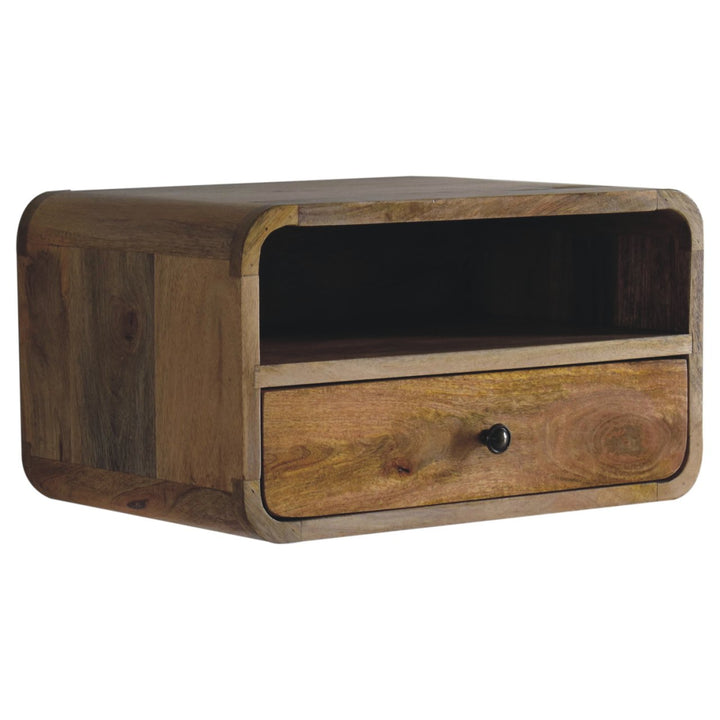 Brown Oak Veneer Solid Mango Wood Large Curved Floating Bedside with 1 Drawer & Open Compartment