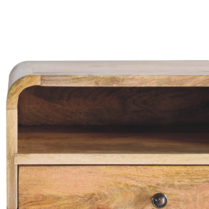 Brown Oak Veneer Solid Mango Wood Large Curved Floating Bedside with 1 Drawer & Open Compartment