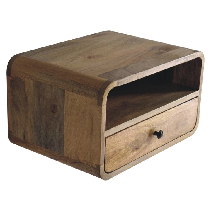 Brown Oak Veneer Solid Mango Wood Large Curved Floating Bedside with 1 Drawer & Open Compartment