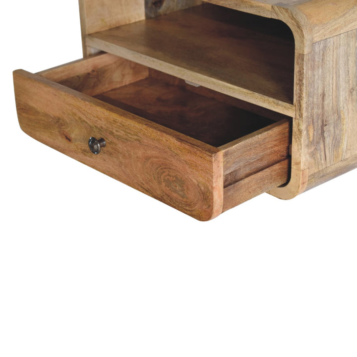 Brown Oak Veneer Solid Mango Wood Large Curved Floating Bedside with 1 Drawer & Open Compartment