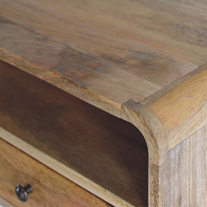 Brown Oak Veneer Solid Mango Wood Large Curved Floating Bedside with 1 Drawer & Open Compartment