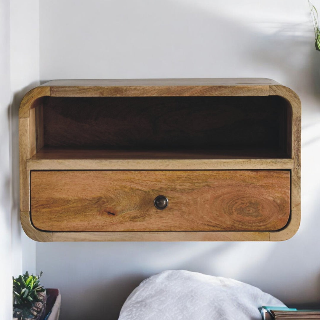 Brown Oak Veneer Solid Mango Wood Large Curved Floating Bedside with 1 Drawer & Open Compartment