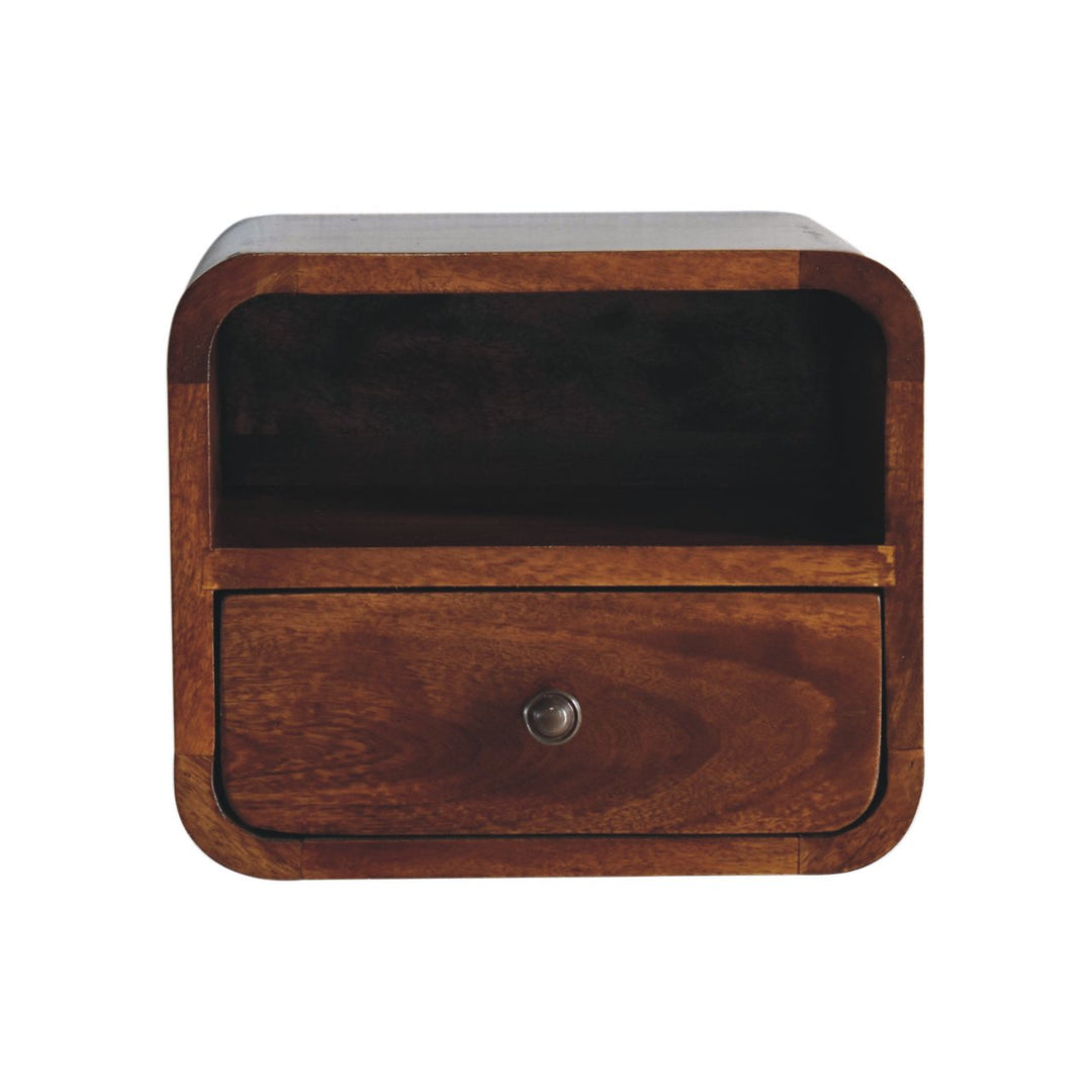 Brown Lacquered Solid Mango Wood Extra Mini Wall-Mounted Curved Bedside with Marble-Effect Veneer