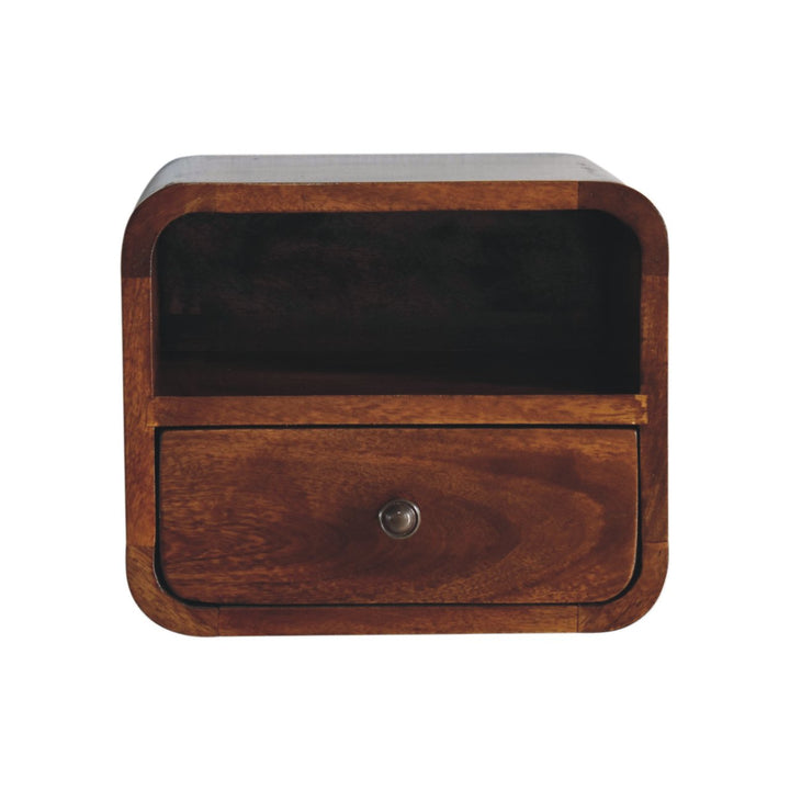 Brown Lacquered Solid Mango Wood Extra Mini Wall-Mounted Curved Bedside with Marble-Effect Veneer
