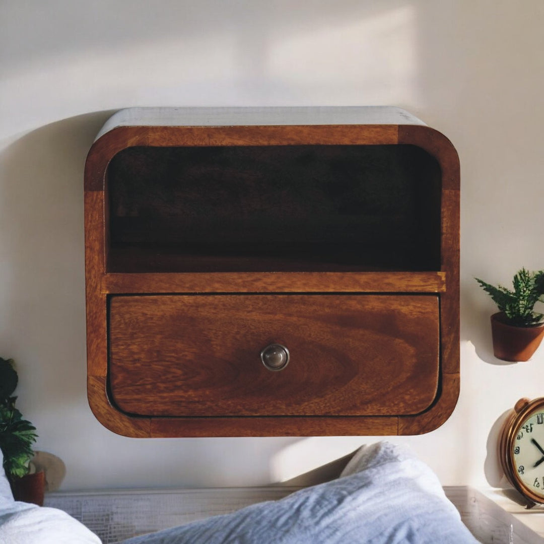 Brown Lacquered Solid Mango Wood Extra Mini Wall-Mounted Curved Bedside with Marble-Effect Veneer