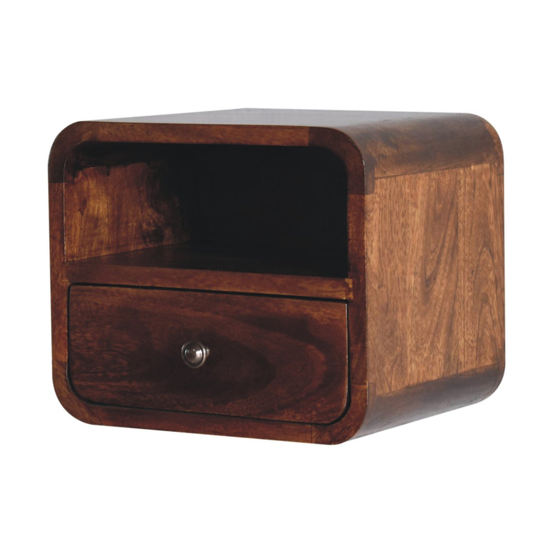 Brown Lacquered Solid Mango Wood Extra Mini Wall-Mounted Curved Bedside with Marble-Effect Veneer