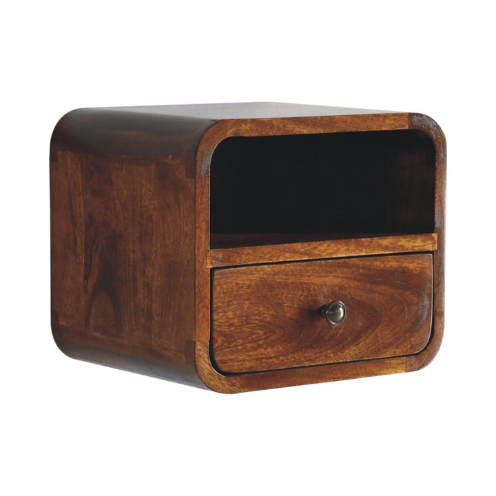 Brown Lacquered Solid Mango Wood Extra Mini Wall-Mounted Curved Bedside with Marble-Effect Veneer