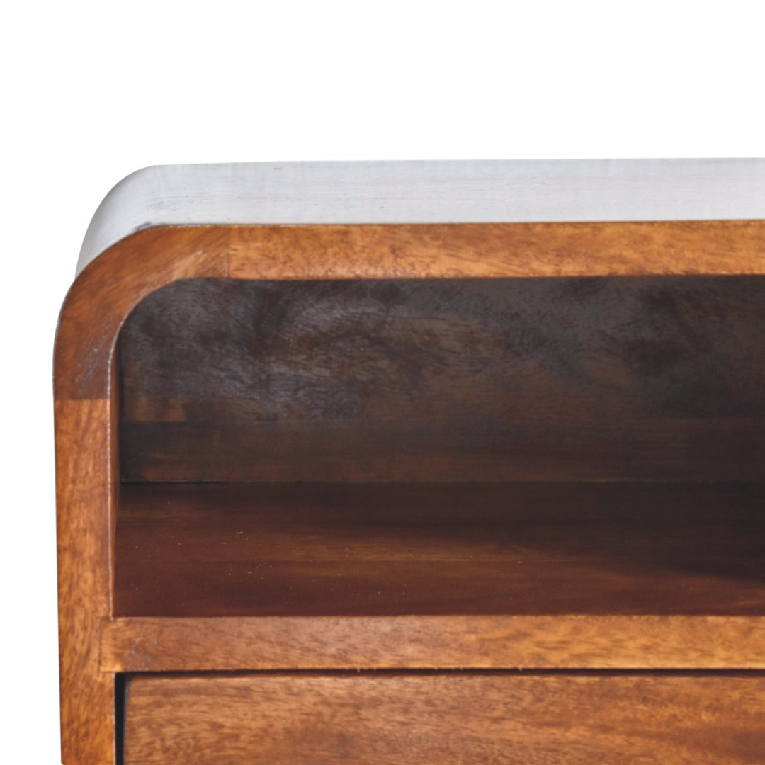 Brown Lacquered Solid Mango Wood Extra Mini Wall-Mounted Curved Bedside with Marble-Effect Veneer