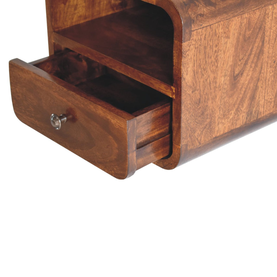 Brown Lacquered Solid Mango Wood Extra Mini Wall-Mounted Curved Bedside with Marble-Effect Veneer