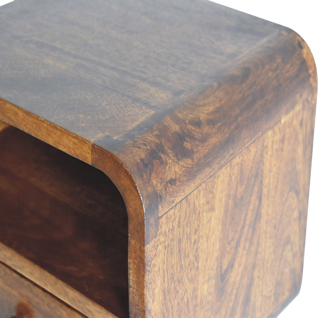 Brown Lacquered Solid Mango Wood Extra Mini Wall-Mounted Curved Bedside with Marble-Effect Veneer