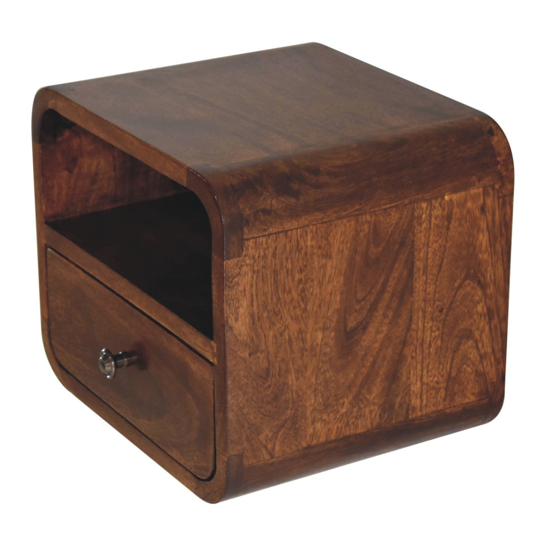 Brown Lacquered Solid Mango Wood Extra Mini Wall-Mounted Curved Bedside with Marble-Effect Veneer
