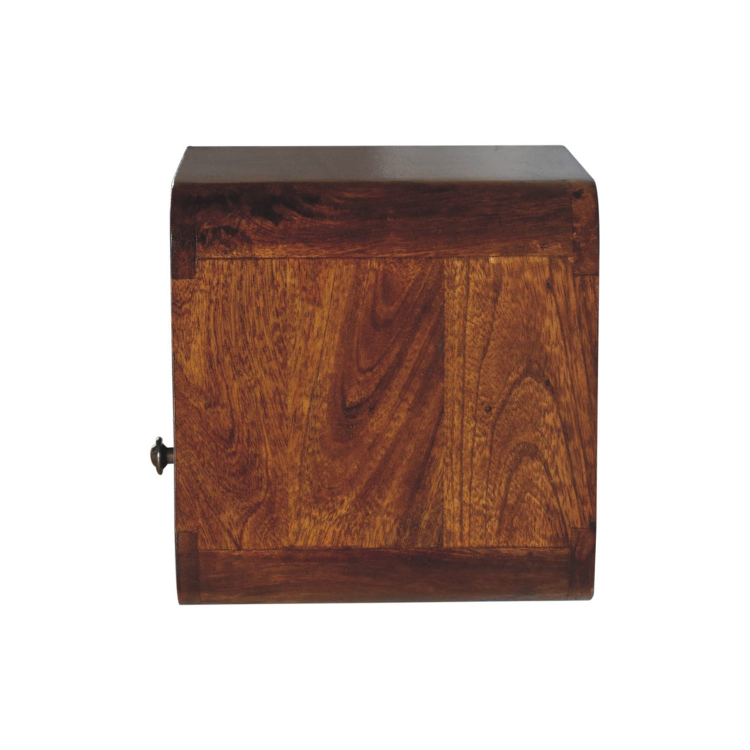 Brown Lacquered Solid Mango Wood Extra Mini Wall-Mounted Curved Bedside with Marble-Effect Veneer