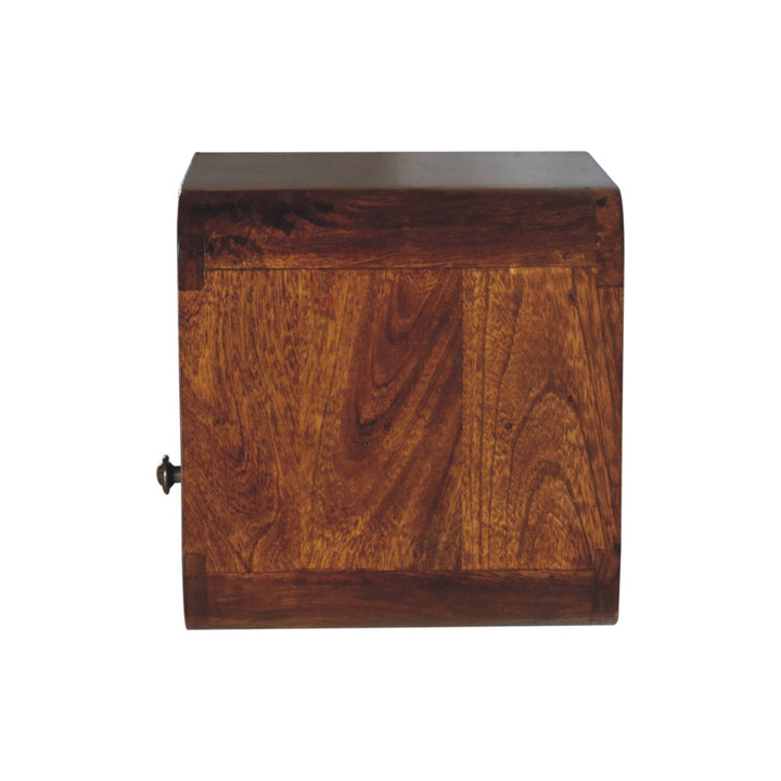 Brown Lacquered Solid Mango Wood Extra Mini Wall-Mounted Curved Bedside with Marble-Effect Veneer