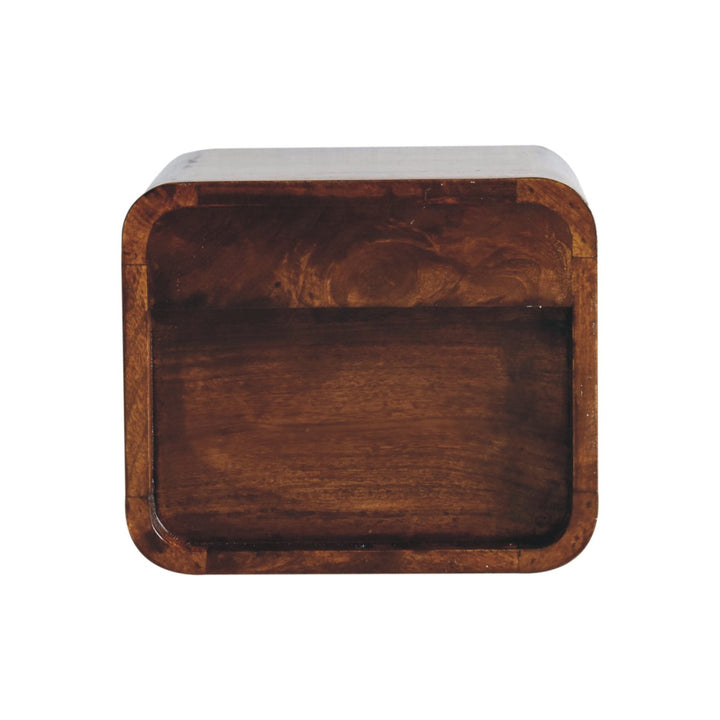 Brown Lacquered Solid Mango Wood Extra Mini Wall-Mounted Curved Bedside with Marble-Effect Veneer