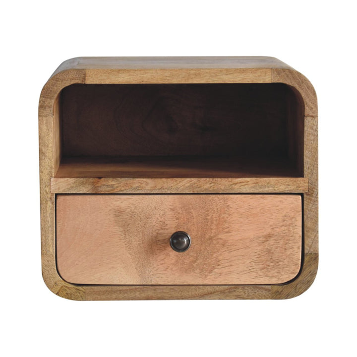 Brown Lacquered Chestnut Solid Mango Wood Extra Mini Wall-Mounted Oak-ish Bedside with 2 Drawers