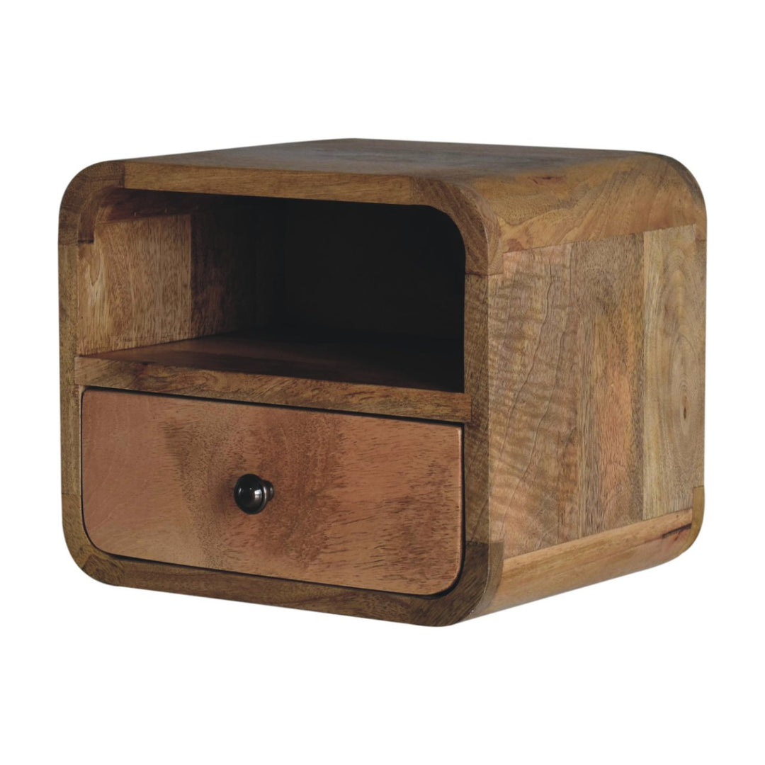 Brown Lacquered Chestnut Solid Mango Wood Extra Mini Wall-Mounted Oak-ish Bedside with 2 Drawers