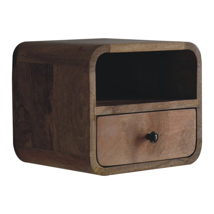 Brown Lacquered Chestnut Solid Mango Wood Extra Mini Wall-Mounted Oak-ish Bedside with 2 Drawers