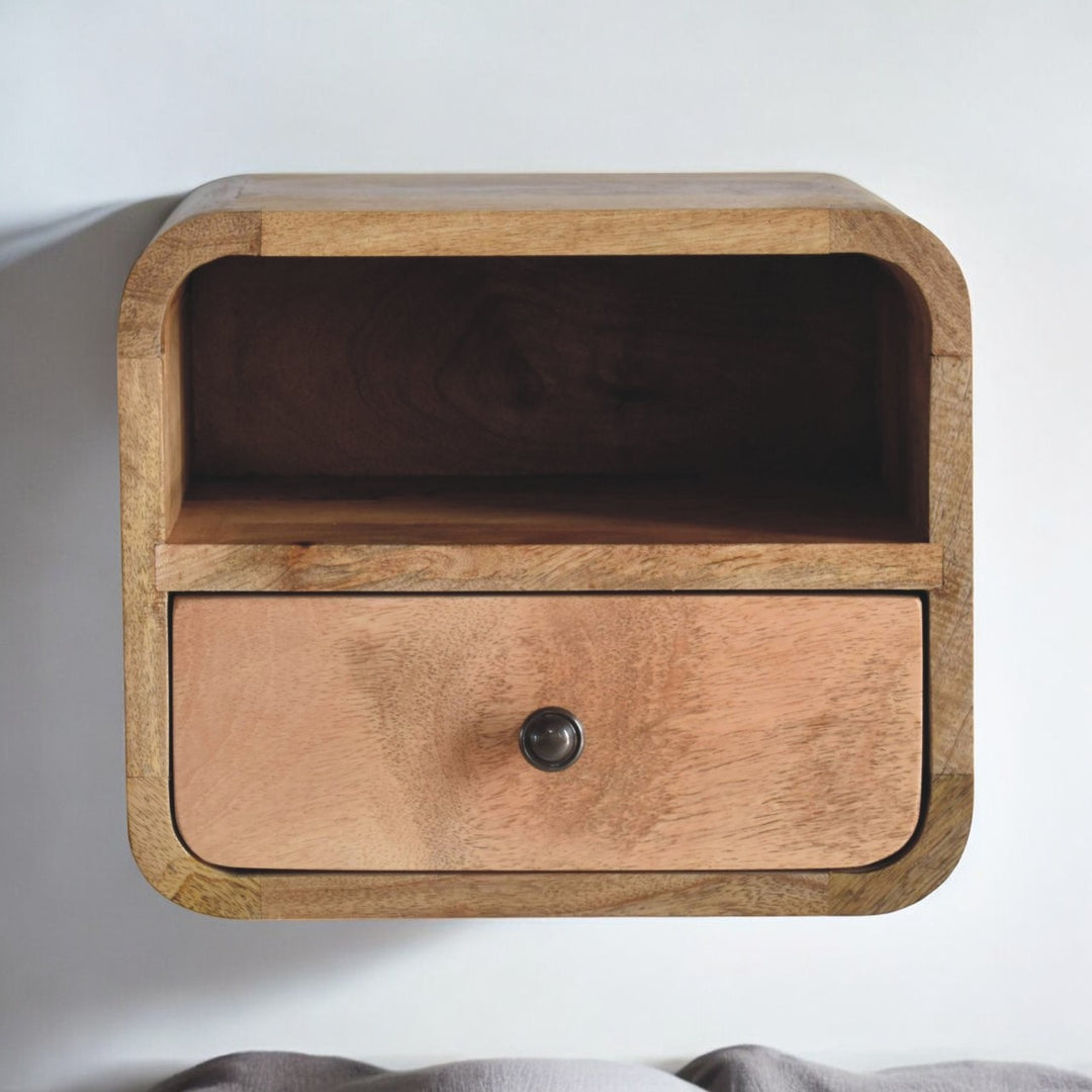 Brown Lacquered Chestnut Solid Mango Wood Extra Mini Wall-Mounted Oak-ish Bedside with 2 Drawers